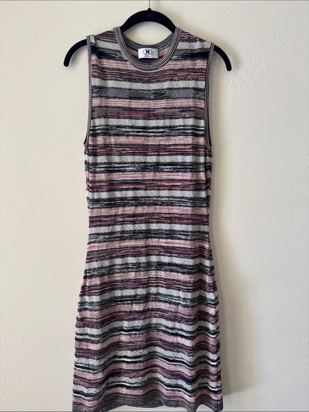 M by Missoni Sleeveless Striped Knit Mini Dress in Pink and Gray